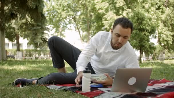Homem de sucesso trabalhando no campo com laptop — Vídeo de Stock