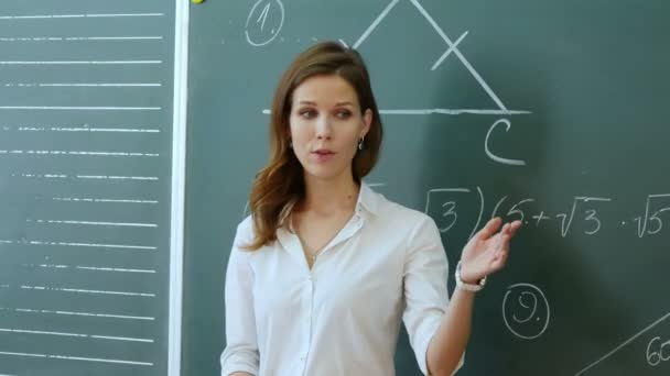 Bella insegnante che parla con gli alunni in classe . — Video Stock