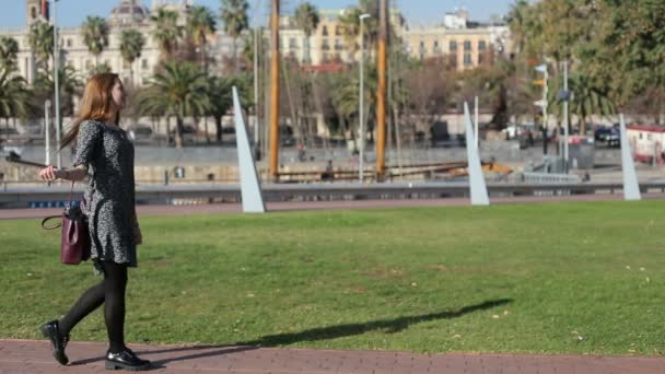 Giovane femmina in un abito con borsetta rossa sullo sfondo del parco marina di Barcellona a piedi con smartphone e incontrare qualcuno — Video Stock