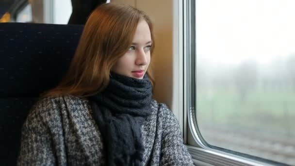 Mujer mirar en la ventana dentro del tren, pensar y sonreír — Vídeo de stock