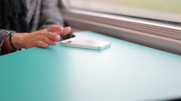 Жінка використовує мобільний телефон в поїзді — стокове відео