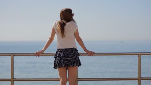 Вид сзади на вдумчивую красивую молодую женщину в голубой юбке, созерцающую море на пляже во время летнего отдыха, на открытом воздухе. Подростковый образ жизни . — стоковое видео