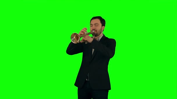 Портрет молодого человека, играющего на трубе на зелёном экране — стоковое видео