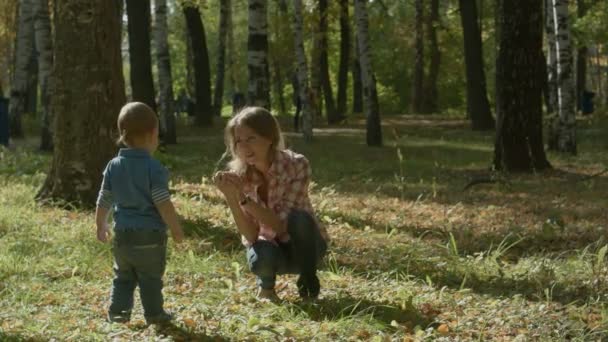 Liefhebbende zoon smth brengt aan zijn gelukkige moeder en haar knuffels in park. — Stockvideo