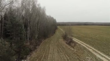Orman ve tarla arasındaki sınırın havadan görünümü ve kırsal alanda karayolu, Rus sonbaharı, ilk kar