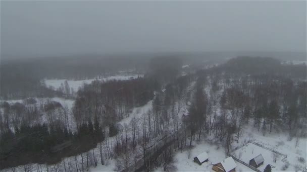 Vista aérea del bosque congelado ruso en invierno cerca de la aldea en el campo, tiempo nevado, tormenta de nieve — Vídeos de Stock