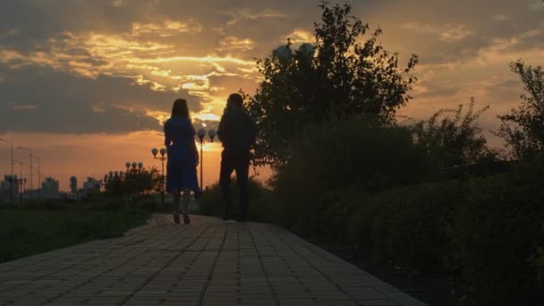 Ungt par går i solnedgången. Bild. — Stockvideo