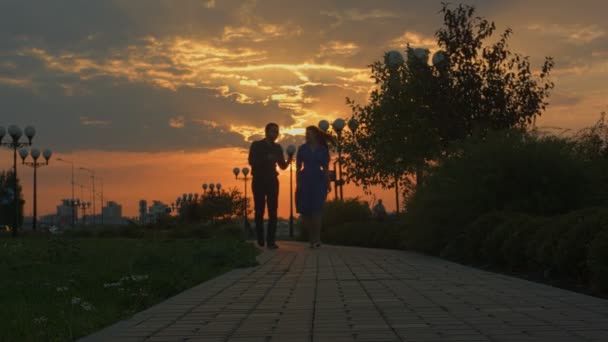 Jeune couple marchant vers la caméra. Coucher de soleil . — Video