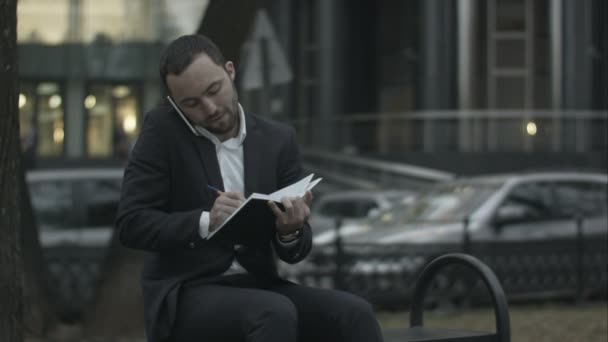 Młody Brodaty biznesmen rozmawiając przez telefon i piśmie w dzienniku, praca z notatek w zielonym parku. — Wideo stockowe