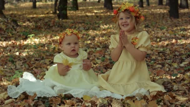 가을 공원에서 어린 아기와 소녀 — 비디오