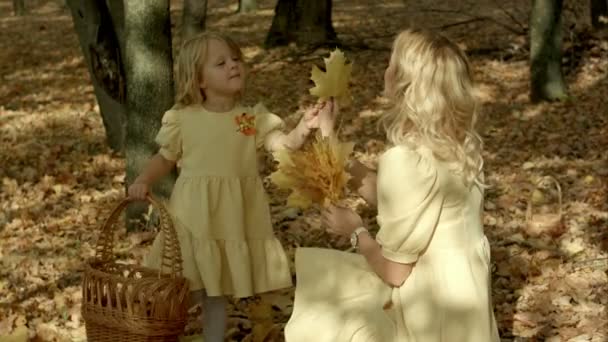 Feliz joven madre con hija en el parque de otoño — Vídeos de Stock