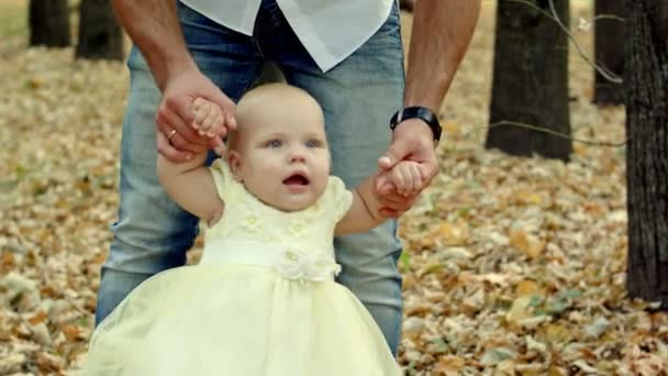 Junger Vater spaziert mit Baby im Herbstpark — Stockvideo