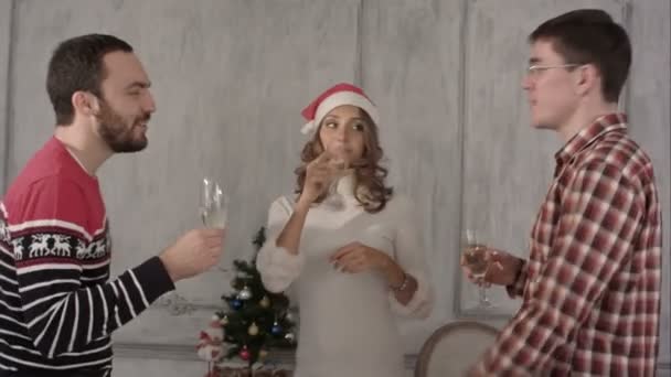 Fête de Noël amis gais boire un verre et s'amuser . — Video