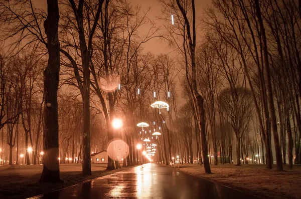 Alley in Kharkiv park with night lights. Photo in vintage multic — Stock Photo, Image