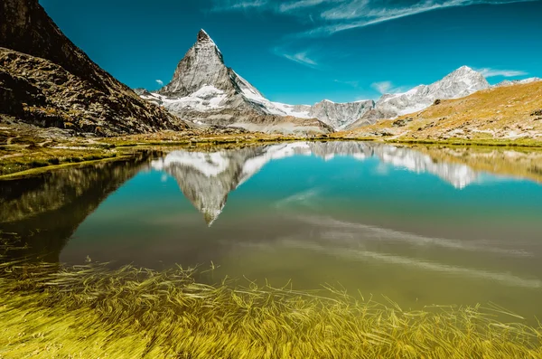 Dağ Matterhorn ve çim ile Riffelsee