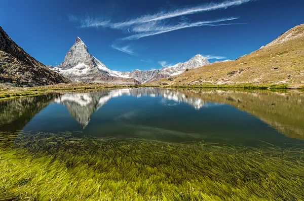 Matterhorn munte în spatele unui lac frumos cu iarbă — Fotografie, imagine de stoc