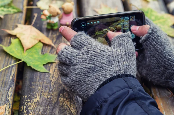 Hombre tomando fotos de otoño en su teléfono inteligente Imágenes De Stock Sin Royalties Gratis
