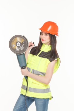 Kadın, beyaz arka plan üzerinde açı değirmeni