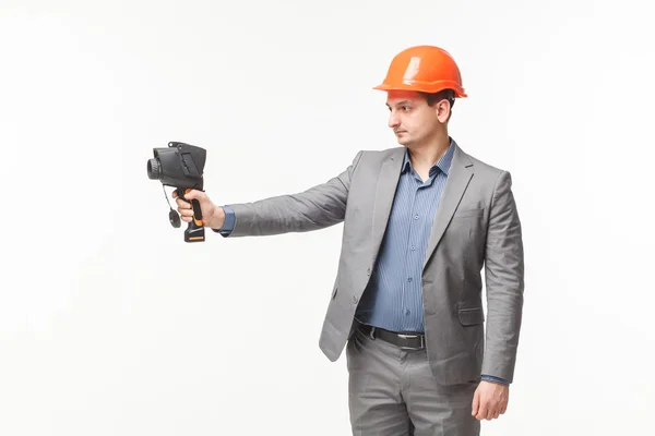 Man thermometer in hand thermal imaging camera — Stock Photo, Image