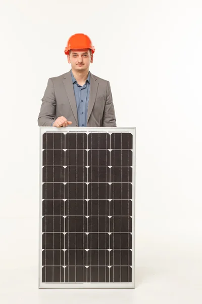 Solar batterij bouwer man — Stockfoto