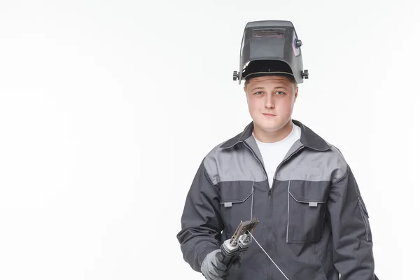 Portrait of welder in mask isolated on white — Stock Photo, Image