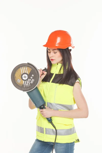 Female  with angle grinder over white  background — Stock Photo, Image
