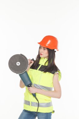 Kadın, beyaz arka plan üzerinde açı değirmeni