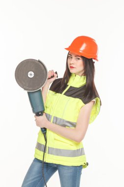 Kadın, beyaz arka plan üzerinde açı değirmeni