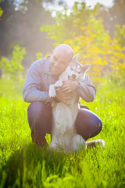 Homem e Husky cão no parque . — Fotografia de Stock