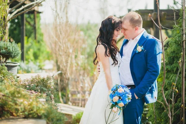 Gelukkig bruidspaar hand in hand — Stockfoto