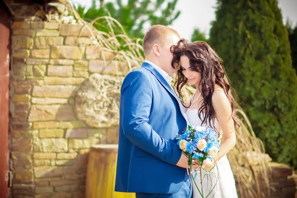 Jeune belle femme brune dans le jardin fleuri. Mariée. . — Photo