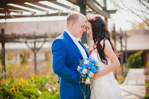 Gelukkig bruidspaar hand in hand — Stockfoto