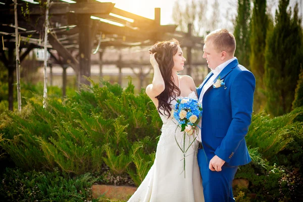 Bir yaz çayır dışında romantik anları zevk genç Düğün çifti