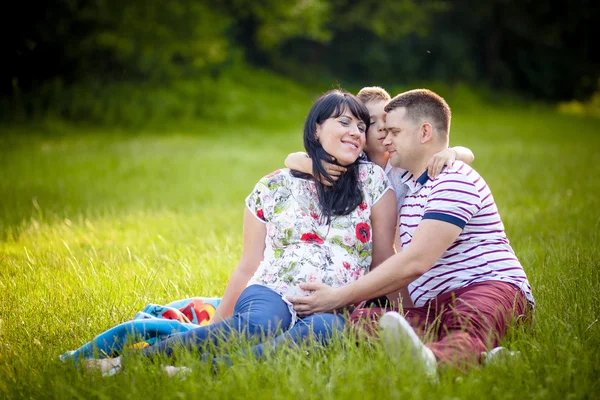 Счастливая красивая семья с беременной мамой в парке — стоковое фото