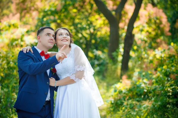 Elegantní stylový ženicha s jeho happy nádherná bruneta nevěsta na pozadí stromů v parku — Stock fotografie