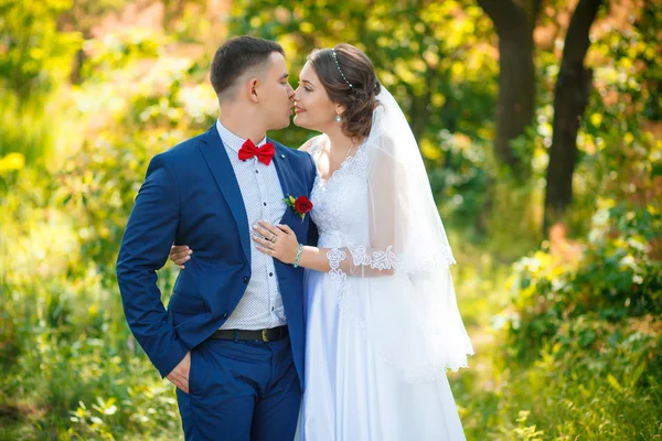 Novia elegante y novio posando juntos al aire libre en un día de boda — Foto de Stock