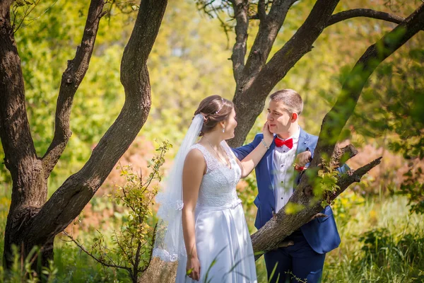 Elegante bruid en bruidegom poseren samen buiten op een trouwdag — Stockfoto