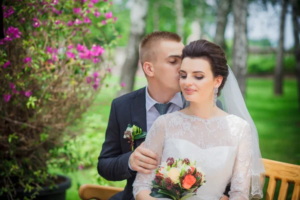 Glücklich sinnlich schöner Bräutigam und schöne Braut im weißen Kleid umarmt Nahaufnahme — Stockfoto