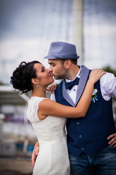 Bateau, mariage, mariée et marié — Photo