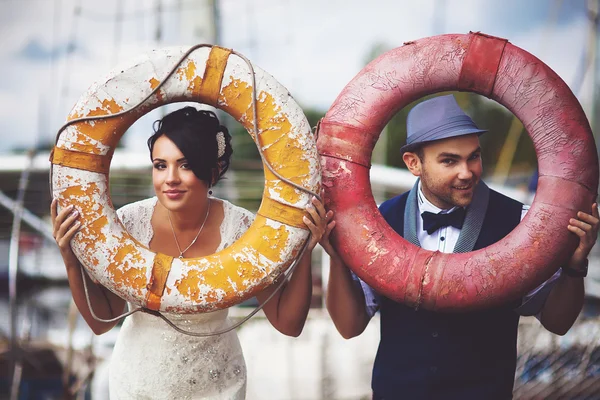 Barco, casamento, noiva e noivo — Fotografia de Stock