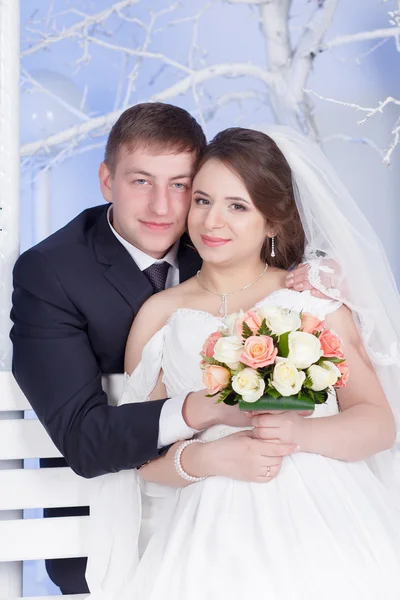Noivo, noiva, sentado, abraçando — Fotografia de Stock