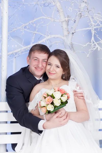 Groom, bride, sitting, hugging — Stock Photo, Image