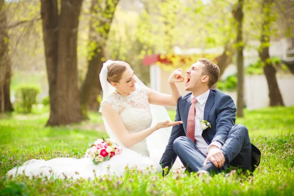 Невеста кормит жениха — стоковое фото