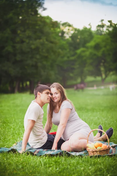 Pregnant couple sitting grass — Stock Photo, Image