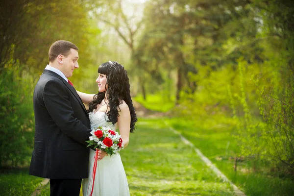 La novia y el novio en un hermoso parque — Foto de Stock