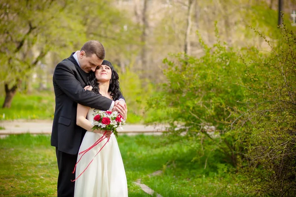 Lo sposo e la sposa in un parco verde — Foto Stock