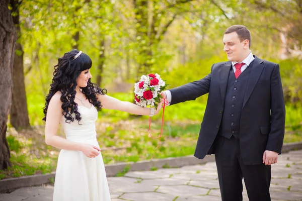 Lo sposo e la sposa in un parco verde — Foto Stock