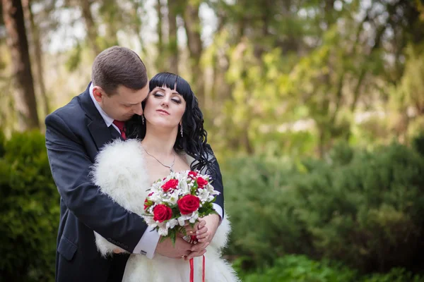 The groom and the bride in a green park — Stock Photo, Image