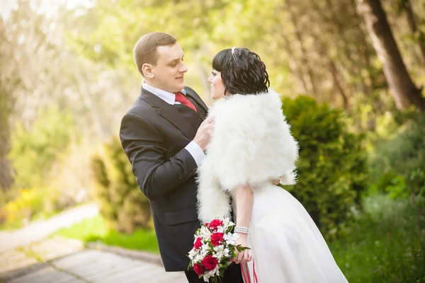 Gelin ve damat güzel bir parkta — Stok fotoğraf