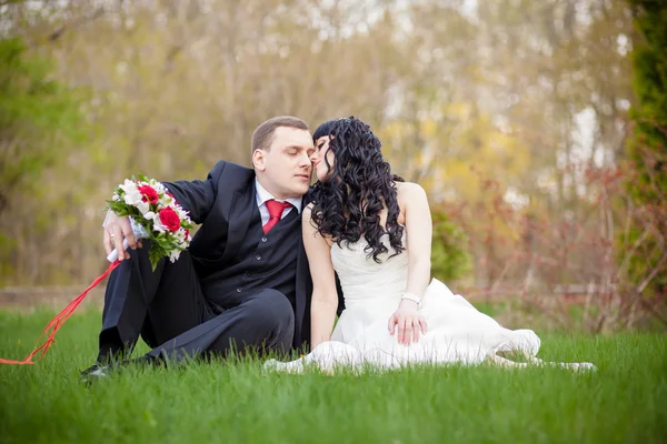 Sposo abbracci sposa — Foto Stock